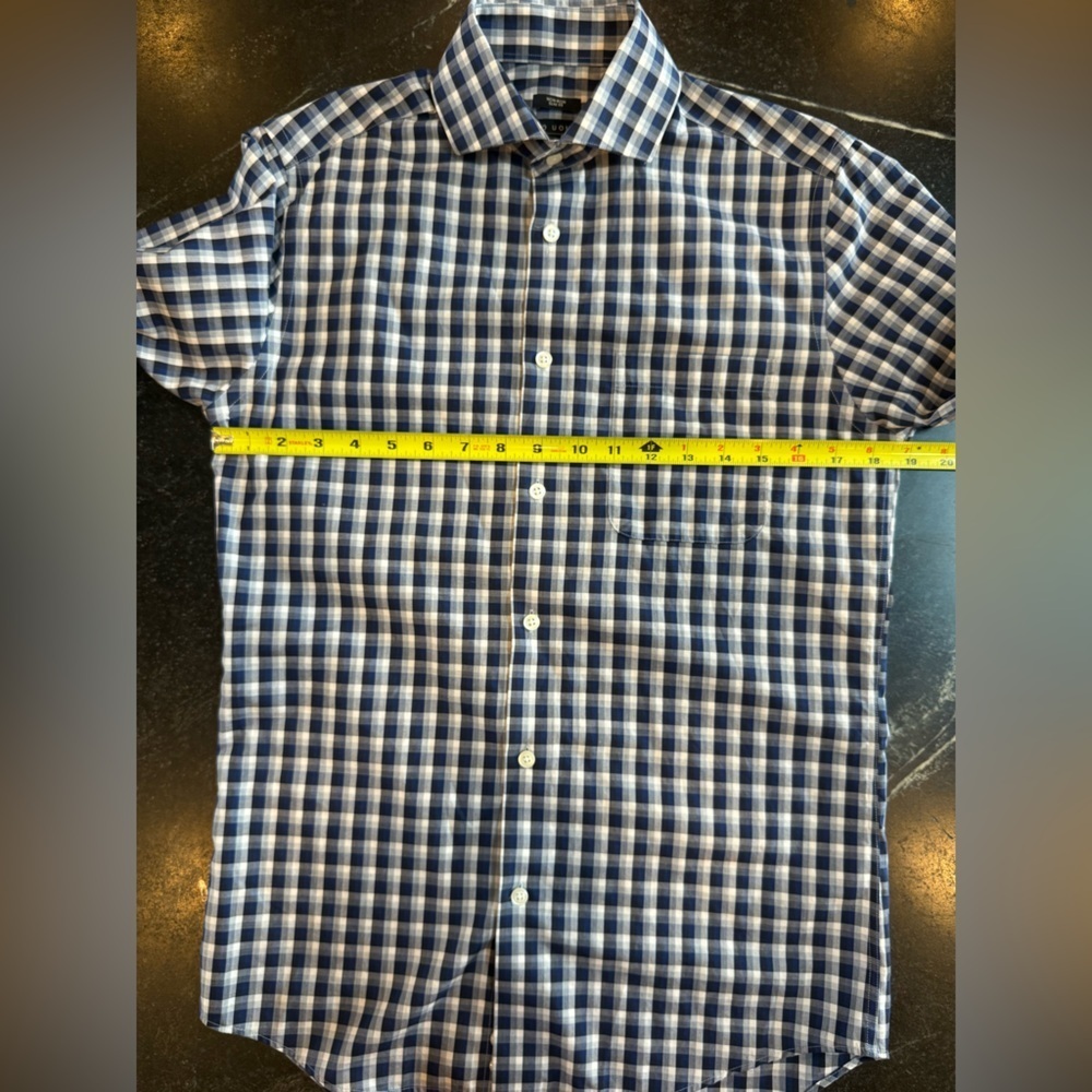 Pronto Uomo 14.5 32/33 Navy Plaid Slim Fit Spread Collar Dress Shirt Non-Iron - Picture 5 of 6